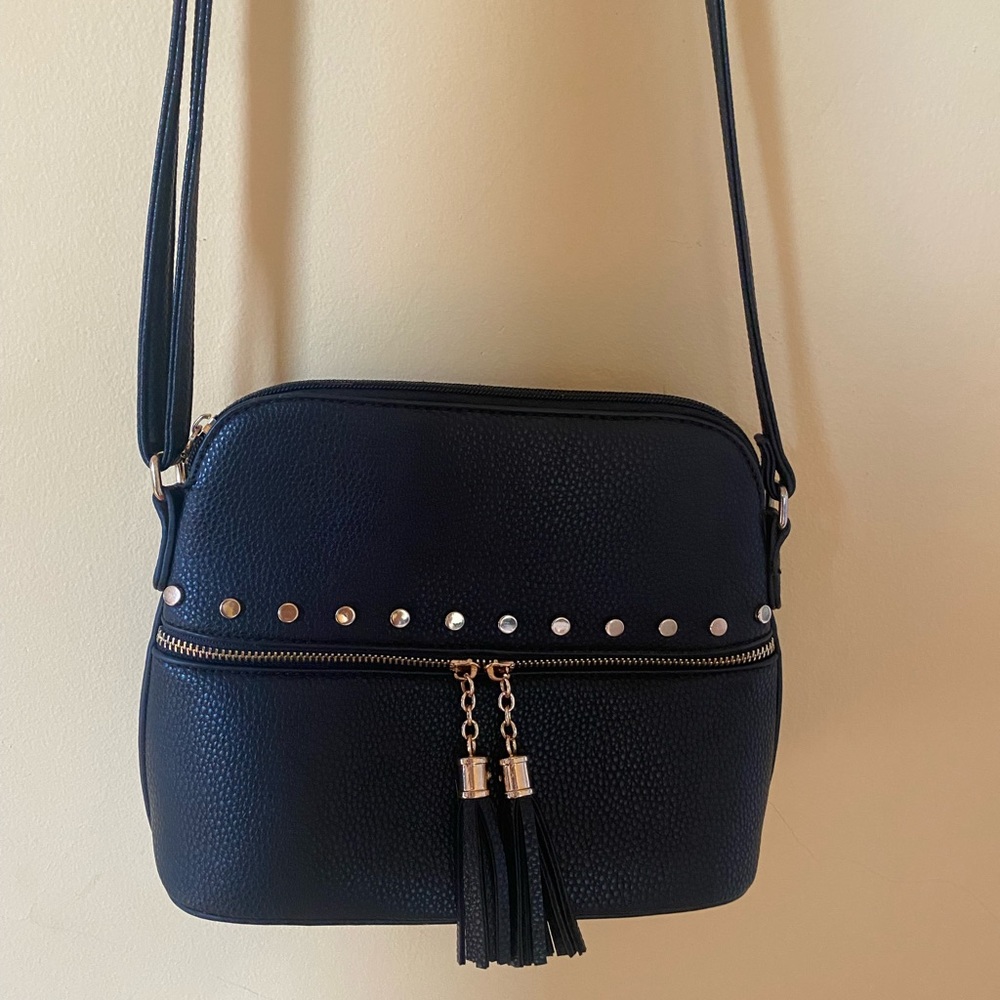 Black Crossbody Bag Adjustable Strap Gold Hardware